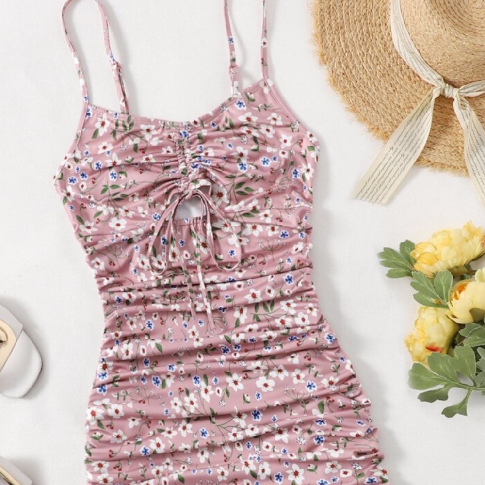 Ruched Drawstring Floral Pink BodyCon Dress